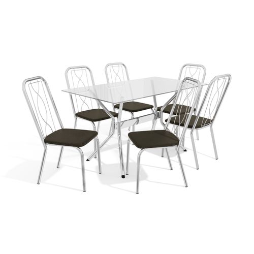 Conjunto Mesa Loire Kappesberg Tampo De Vidro Incolor com 6 Cadeiras Cromada/Preto