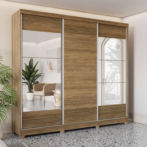 Guarda-Roupa Casal 100% MDF Kappesberg c/Pés e 6 Espelhos 3 Portas de Correr 6 Gavetas Nogueira