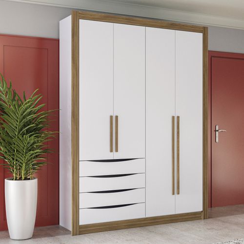 Guarda-Roupa Solteiro 100% MDF Kappesberg 4 Portas 4 Gavetas Branco/Nogueira