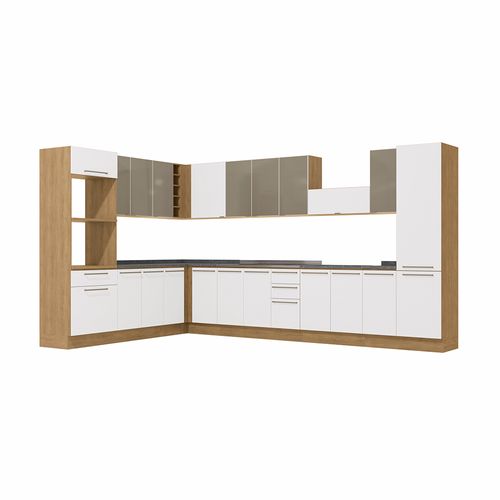 Cozinha Completa de Canto Kappesberg Suprema Freijó/Branco/Vidro Bronze 19 Peças