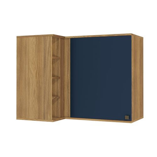 Armário Aéreo de Canto Reto Celeste Kappesberg 100% MDF 1 Porta 4 Nichos Nogueira/Azul 98cm