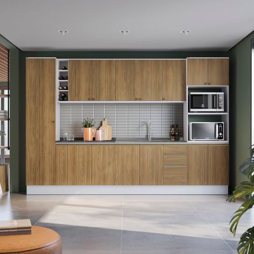 Cozinha Modulada Celeste Kappesberg 100% MDF Branco/Nogueira 340cm