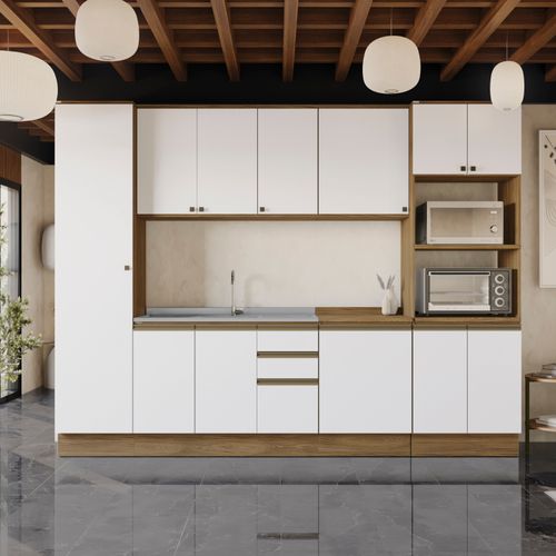 Cozinha Modulada Celeste Kappesberg 100% MDF Nogueira/Branco 300cm