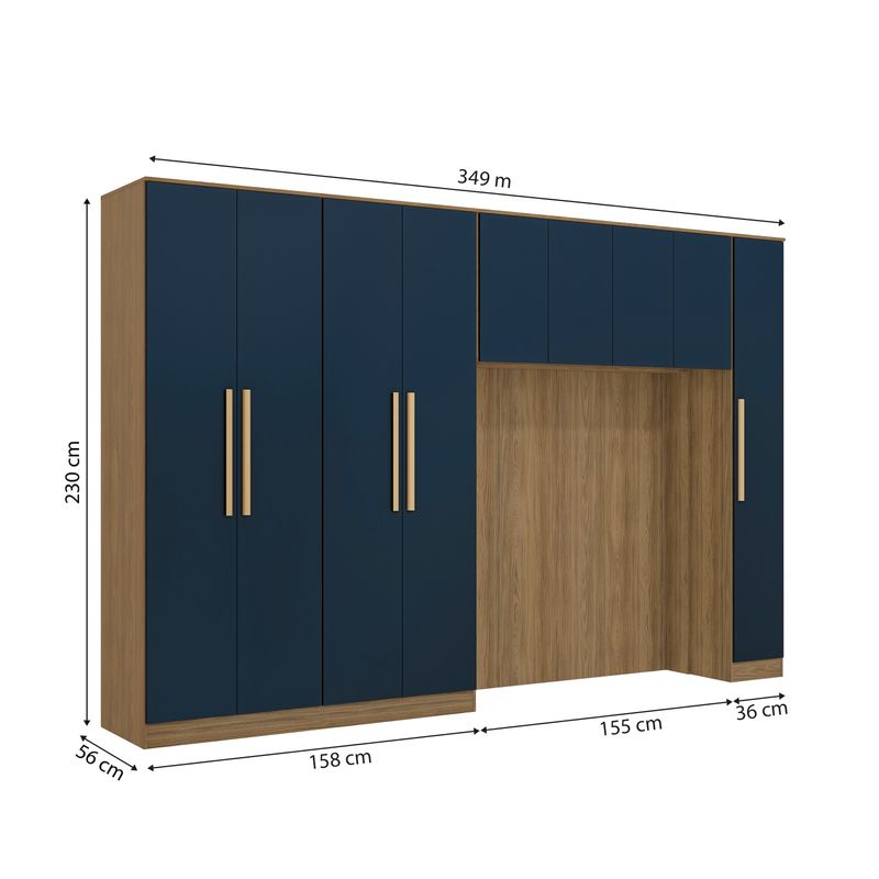 Quarto Modular Kappesberg Adapt Nogueira/Azul Profundo 5 Peças 349cm