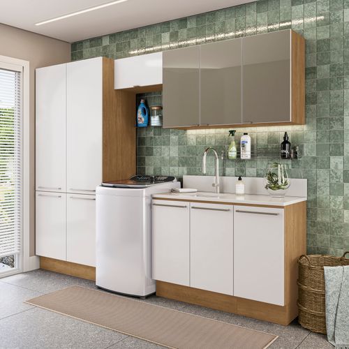 Lavanderia Modulada Suprema Kappesberg 5 Peças Freijó/Branco/Vidro Bronze 280cm