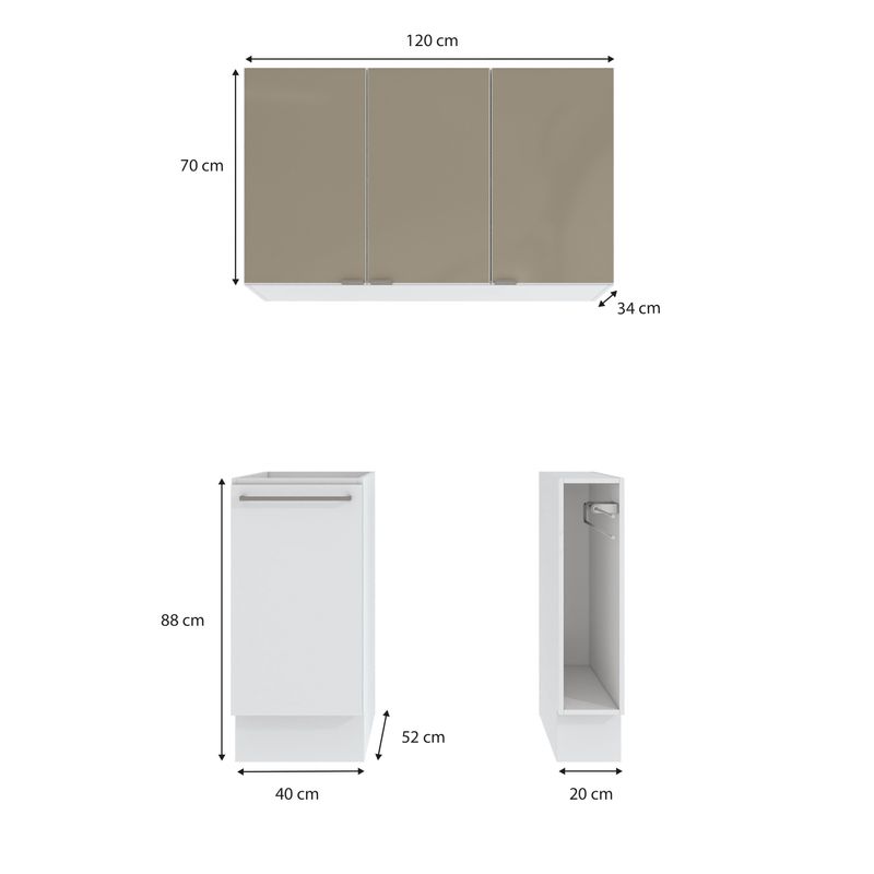 Lavanderia Modulada Suprema Kappesberg 3 Peças Branco/Vidro Bronze 120cm