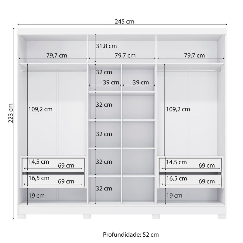 Guarda-Roupa Casal Kappesberg 100% MDF 3 Portas Reversíveis de Correr 3 Espelhos 4 Gavetas Branco