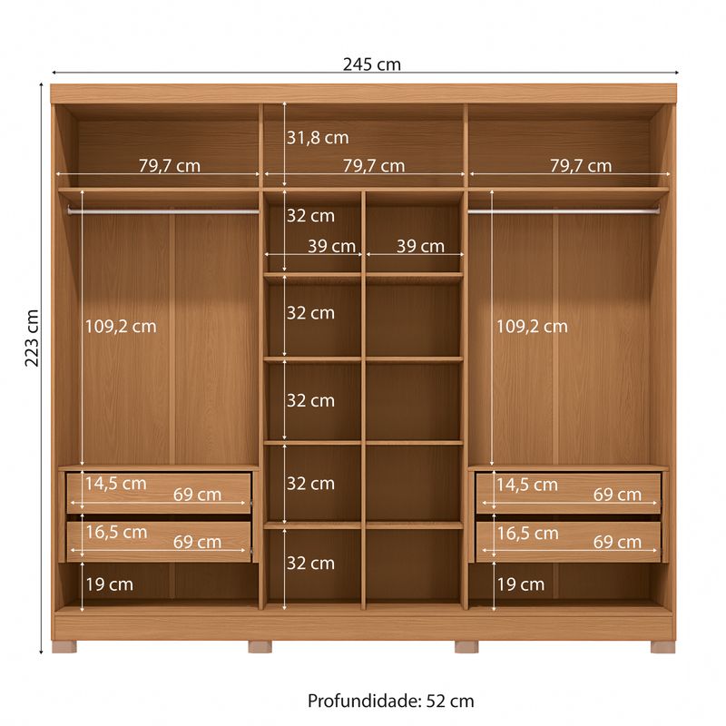 Guarda-Roupa Casal Kappesberg 100% MDF 3 Portas Reversíveis de Correr 3 Espelhos 4 Gavetas Canela