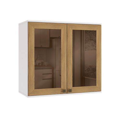 Armário Aéreo Celeste Kappesberg 100% MDF 2 Portas com Vidro Branco/Nogueira 80cm