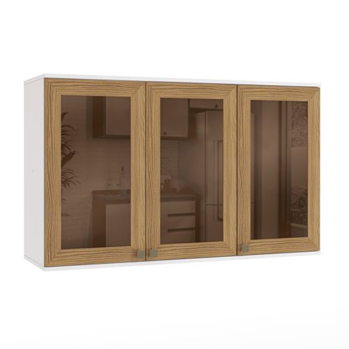 Armário Aéreo Celeste Kappesberg 100% MDF 3 Portas com Vidro Branco/Nogueira 120cm