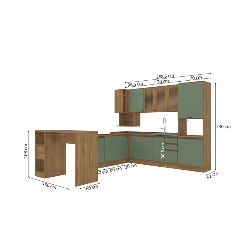 Cozinha de Canto Modulada Celeste Kappesberg 100% MDF Nogueira/Verde