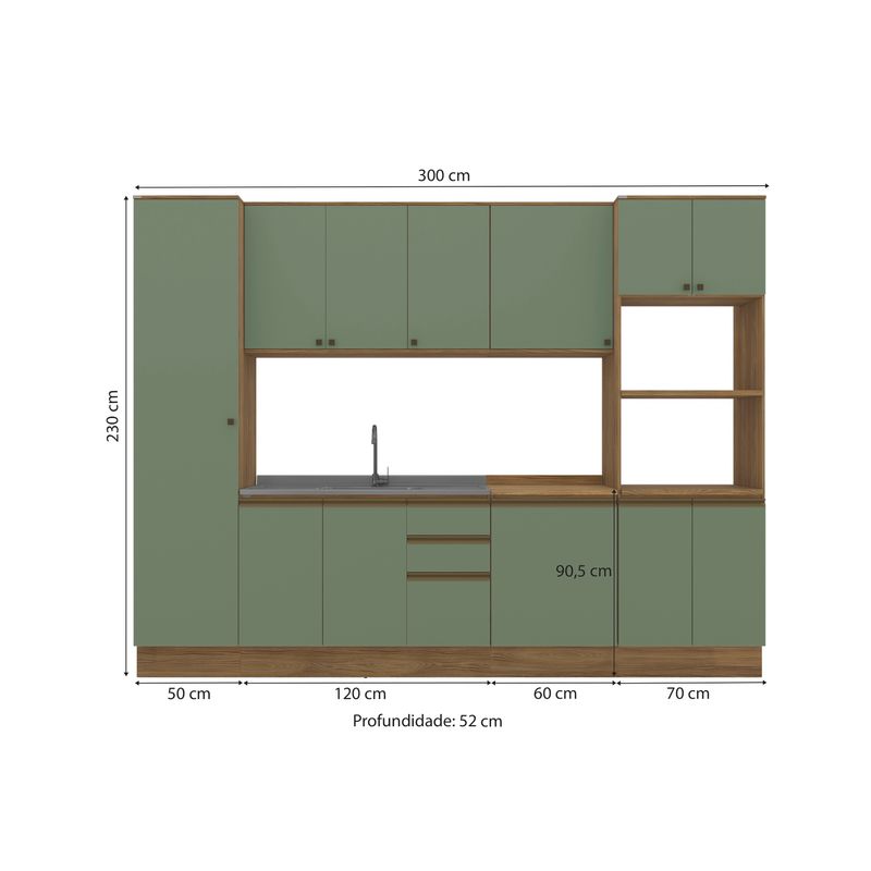 Cozinha Modulada Celeste Kappesberg 100% MDF Nogueira/Verde 300cm