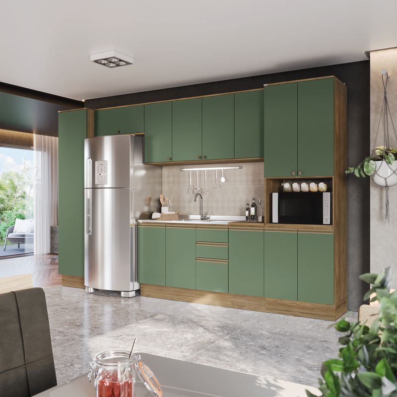 Cozinha Modulada Celeste Kappesberg 100% MDF Nogueira/Verde 360cm