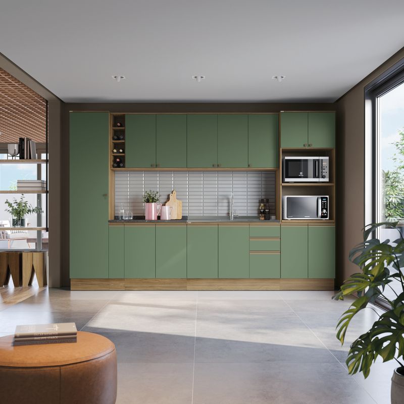 Cozinha Modulada Celeste Kappesberg 100% MDF Nogueira/Verde 340cm