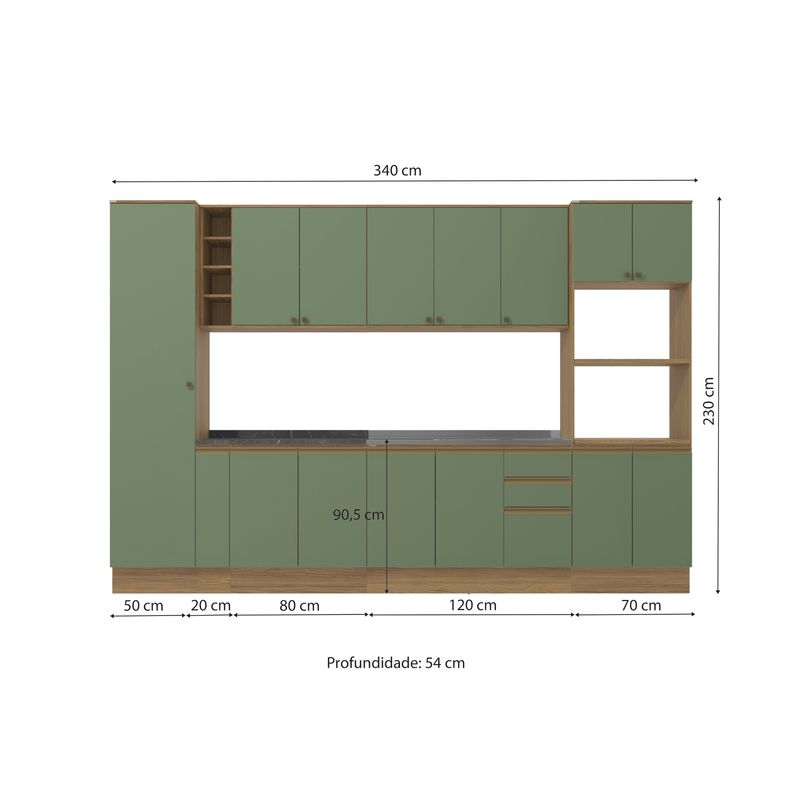 Cozinha Modulada Celeste Kappesberg 100% MDF Nogueira/Verde 340cm