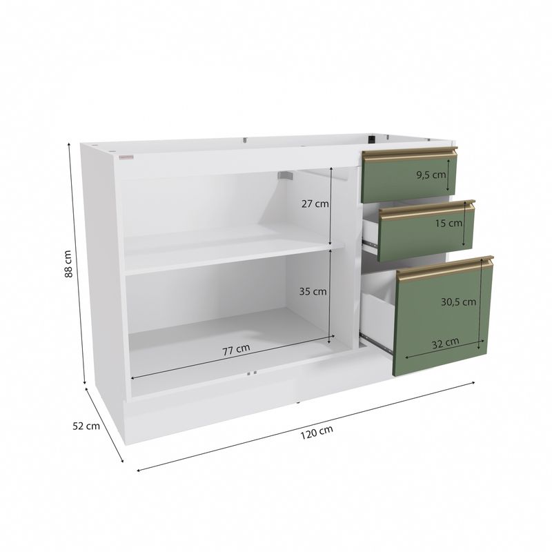 Balcão de Pia Celeste Kappesberg 100% MDF 2 Portas 3 Gavetas Branco/Verde 120cm