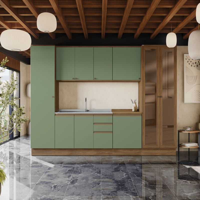 Cozinha Modulada Celeste Kappesberg 100% MDF Nogueira/Verde Oliva 300cm