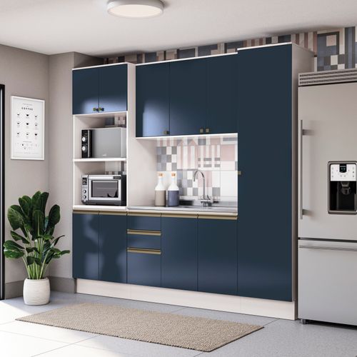 Cozinha Compacta Celeste Kappesberg 100% MDF Branco/Azul 240cm