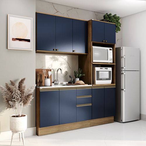 Cozinha Compacta Celeste Kappesberg 100% MDF Nogueira/Azul 190cm