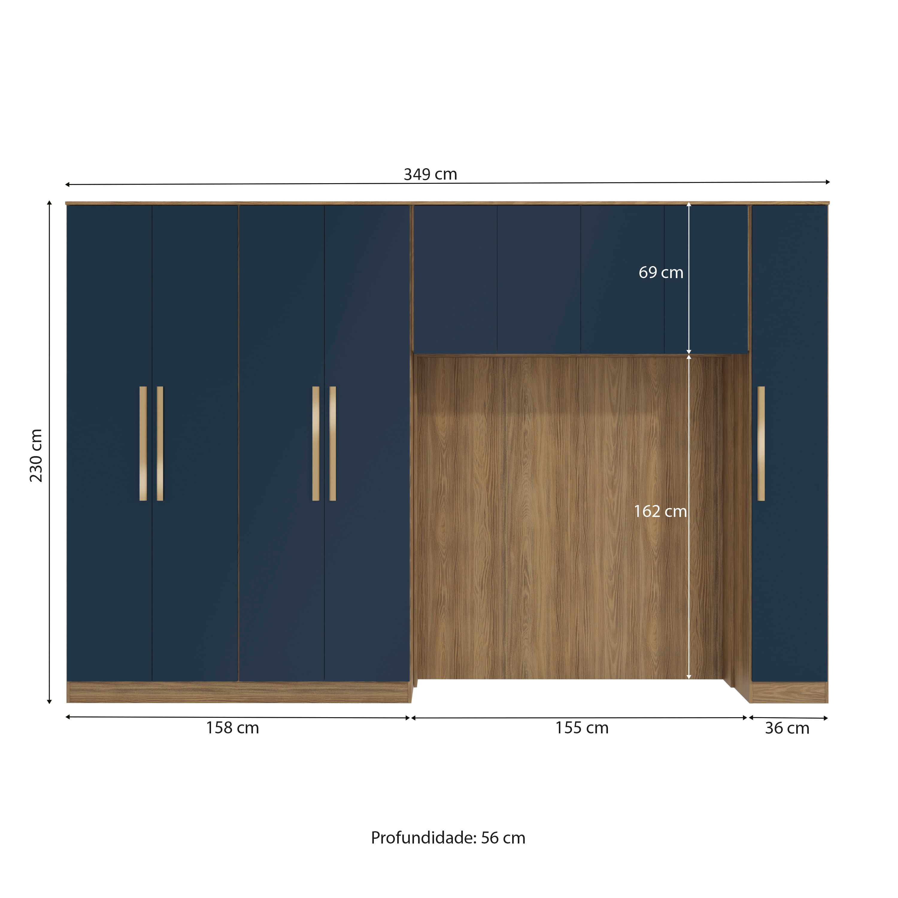 Quarto Modulado Kappesberg Adapt Nogueira/Azul Profundo 4 peças