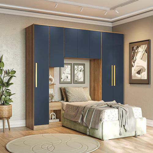 Quarto Modulado Kappesberg Adapt Nogueira/Azul Profundo 4 peças 247cm