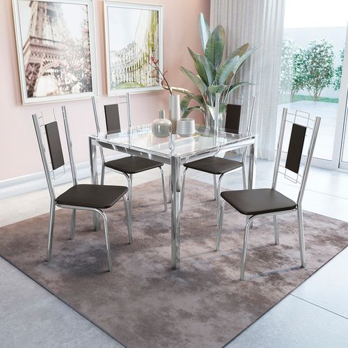 Conjunto Mesa Reno Kappesberg Tampo De Vidro Incolor com 4 cadeiras Cromada/Preto