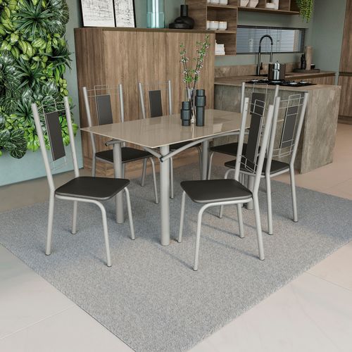 Conjunto Mesa Elba Kappesberg Tampo De Vidro Bronze com 6 Cadeiras Níquel/Preto
