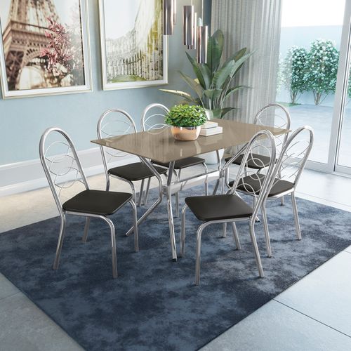 Conjunto Mesa Loire Kappesberg Tampo De Vidro Bronze com 6 Cadeiras Cromada/Preto