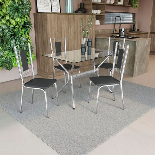 Conjunto Mesa Loire Kappesberg Tampo De Vidro Incolor com 4 Cadeiras Cromada/Preto