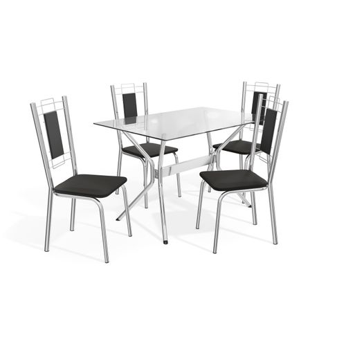 Conjunto Mesa Loire Kappesberg Tampo De Vidro Incolor com 4 Cadeiras Cromada/Preto