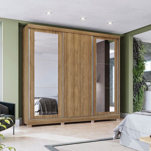 Guarda-Roupa Casal 100% MDF Kappesberg c/Pés e 6 Espelhos 3 Portas de Correr 8 Gavetas Nogueira