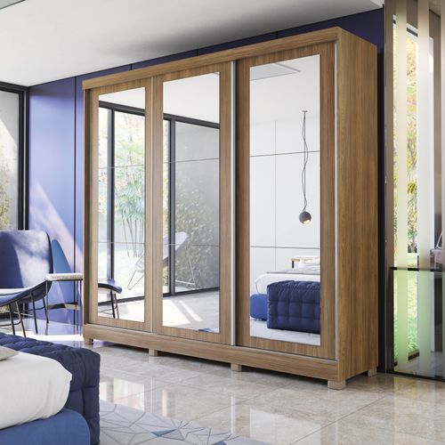 Guarda-Roupa Casal 100% MDF Kappesberg 3 Portas de Correr com Espelhos 8 Gavetas Nogueira