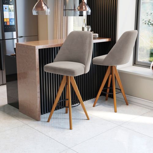 Banqueta Giratória em Madeira Maciça Zoe Kappesberg Suede Veludo Cinza