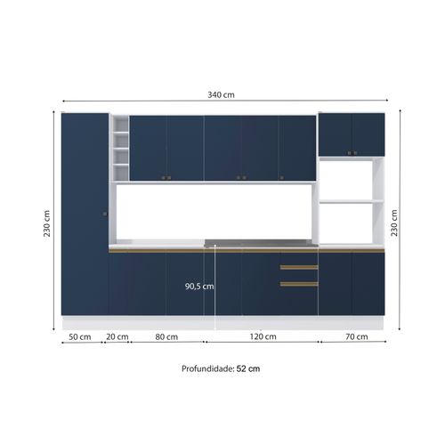 Cozinha Modulada Celeste Kappesberg 100% MDF Branco/Azul 340cm