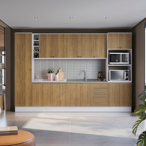 Cozinha Modulada Celeste Kappesberg 100% MDF Branco/Nogueira 340cm