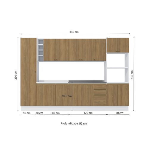 Cozinha Modulada Celeste Kappesberg 100% MDF Branco/Nogueira 340cm