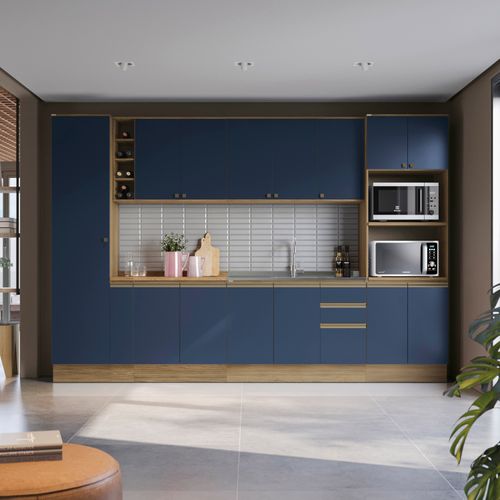 Cozinha Completa Celeste Kappesberg 100% MDF Nogueira/Azul 340cm