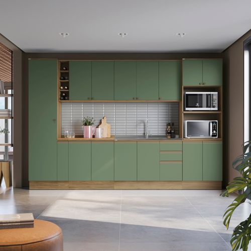 Cozinha Modulada Celeste Kappesberg 100% MDF Nogueira/Verde 340cm
