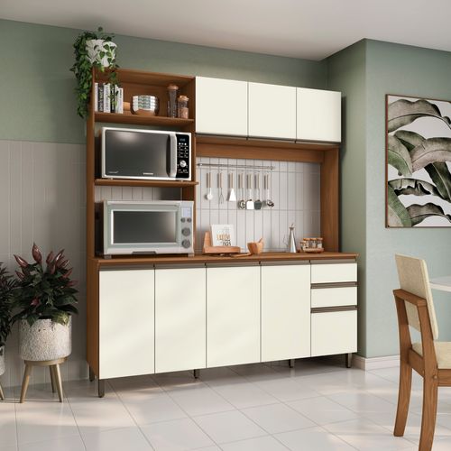 Cozinha Compacta Luna com Tampo Kappesberg 3 Peças Canela/Off White 192,5cm