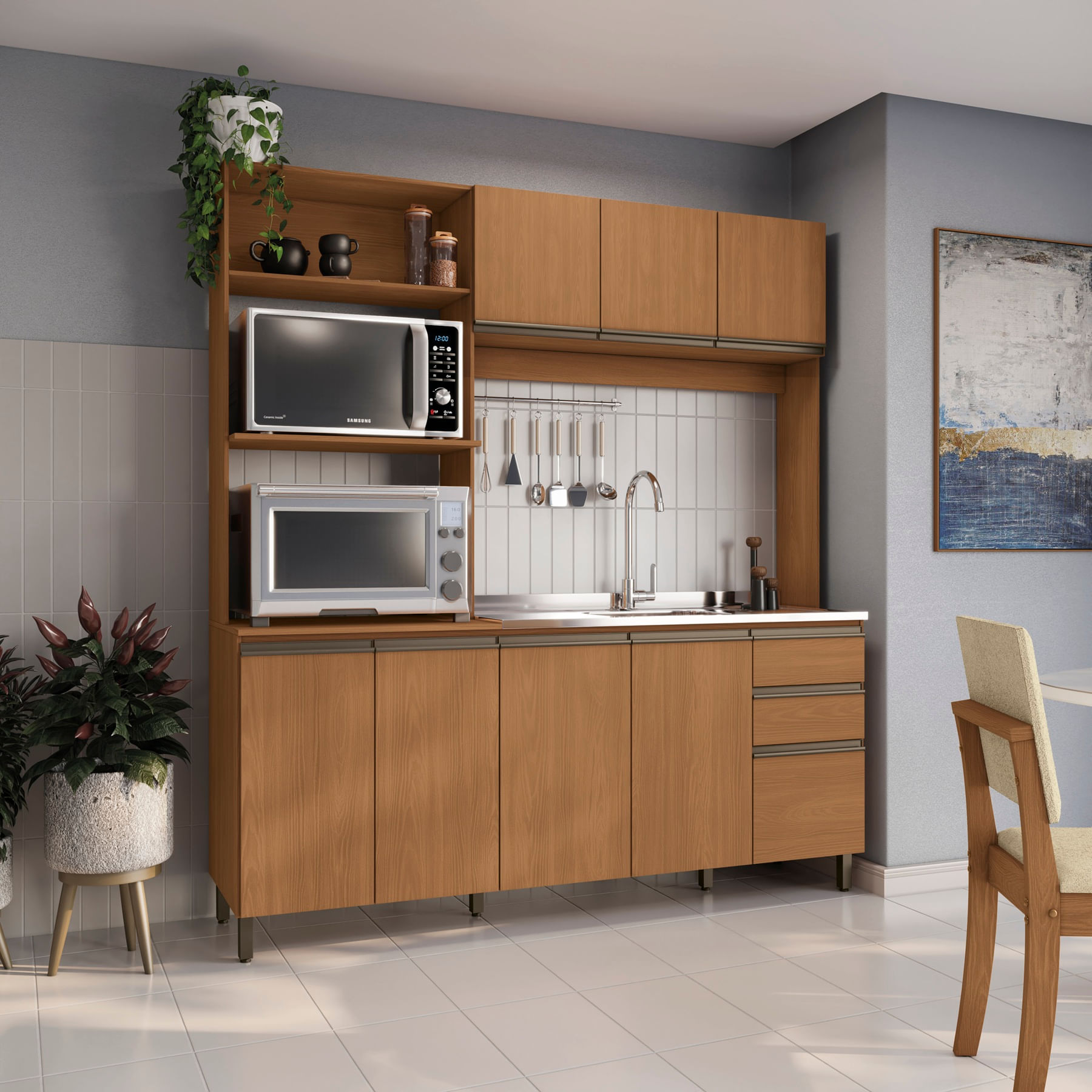 【CPC-L24】seiyan-5050 Cozinha Compacta Luna com Cuba de Pia Kappesberg 3 Peças Canela