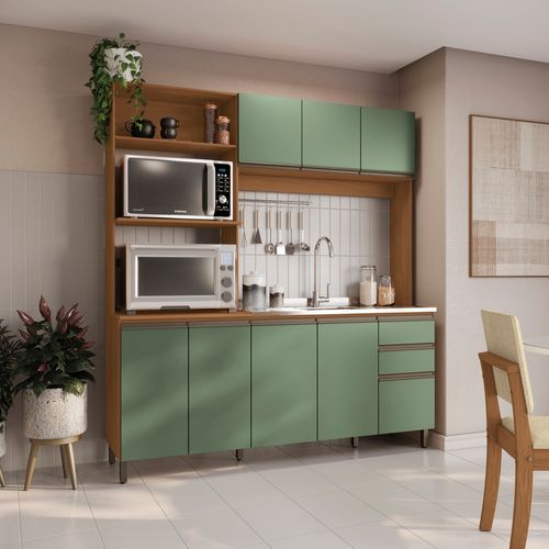 Cozinha Compacta Luna com Cuba de Pia Kappesberg 3 Peças Canela/Verde Oliva