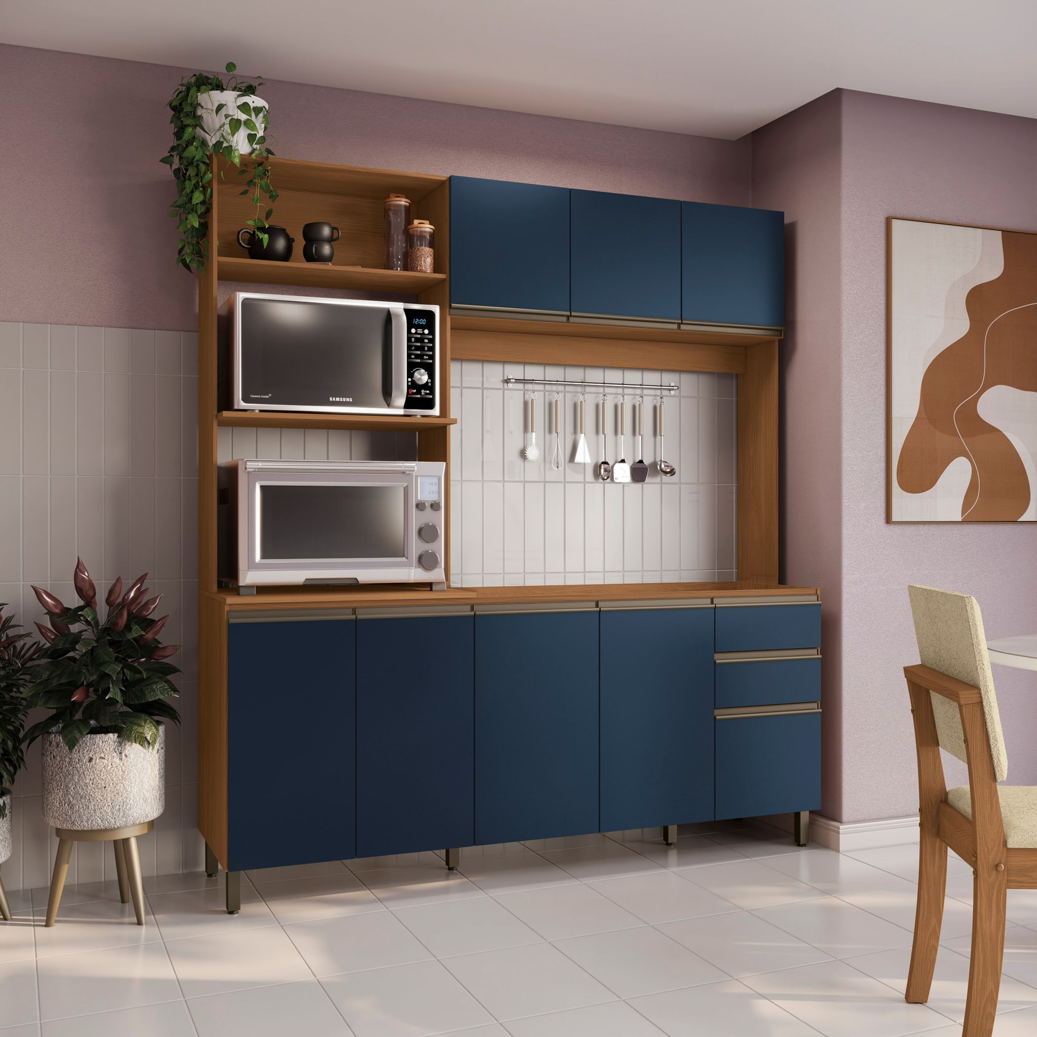 Cozinha Compacta Luna Kappesberg 3 Peças Canela/Azul Profundo