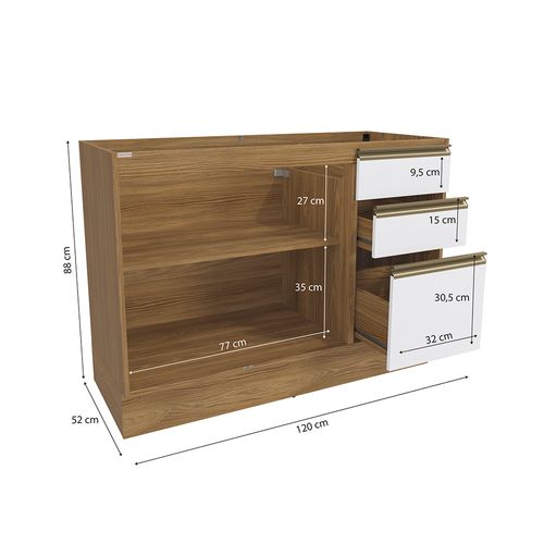 Balcão de Pia Celeste Kappesberg 100% MDF 2 Portas 3 Gavetas Nogueira/Branco 120cm