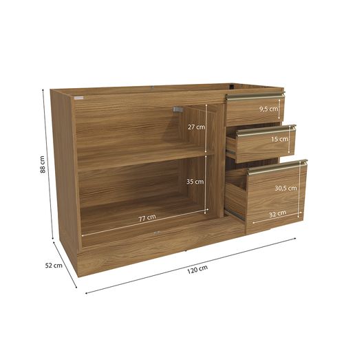 Balcão de Pia Celeste Kappesberg 100% MDF 2 Portas 3 Gavetas Nogueira 120cm