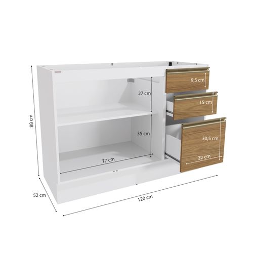 Balcão de Pia Celeste Kappesberg 100% MDF 2 Portas 3 Gavetas Branco/Nogueira 120cm