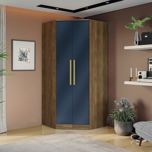 Guarda-Roupa de Canto 2 Portas Kappesberg Adapt Nogueira/Azul Profundo 105cm