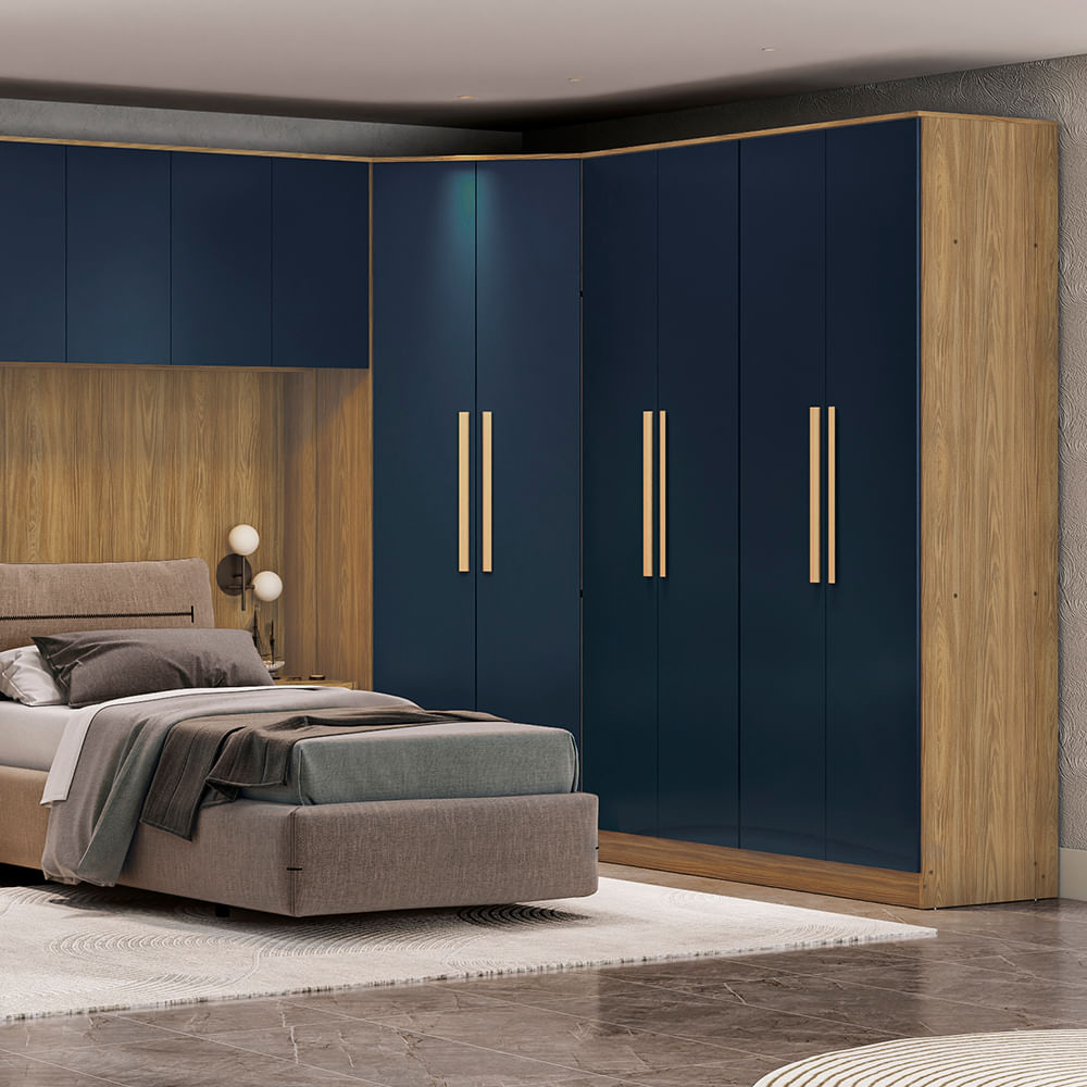 nrqsp526！　ねぷた Guarda-Roupa 4 Portas 2 Gavetas Kappesberg Adapt Nogueira/Azul