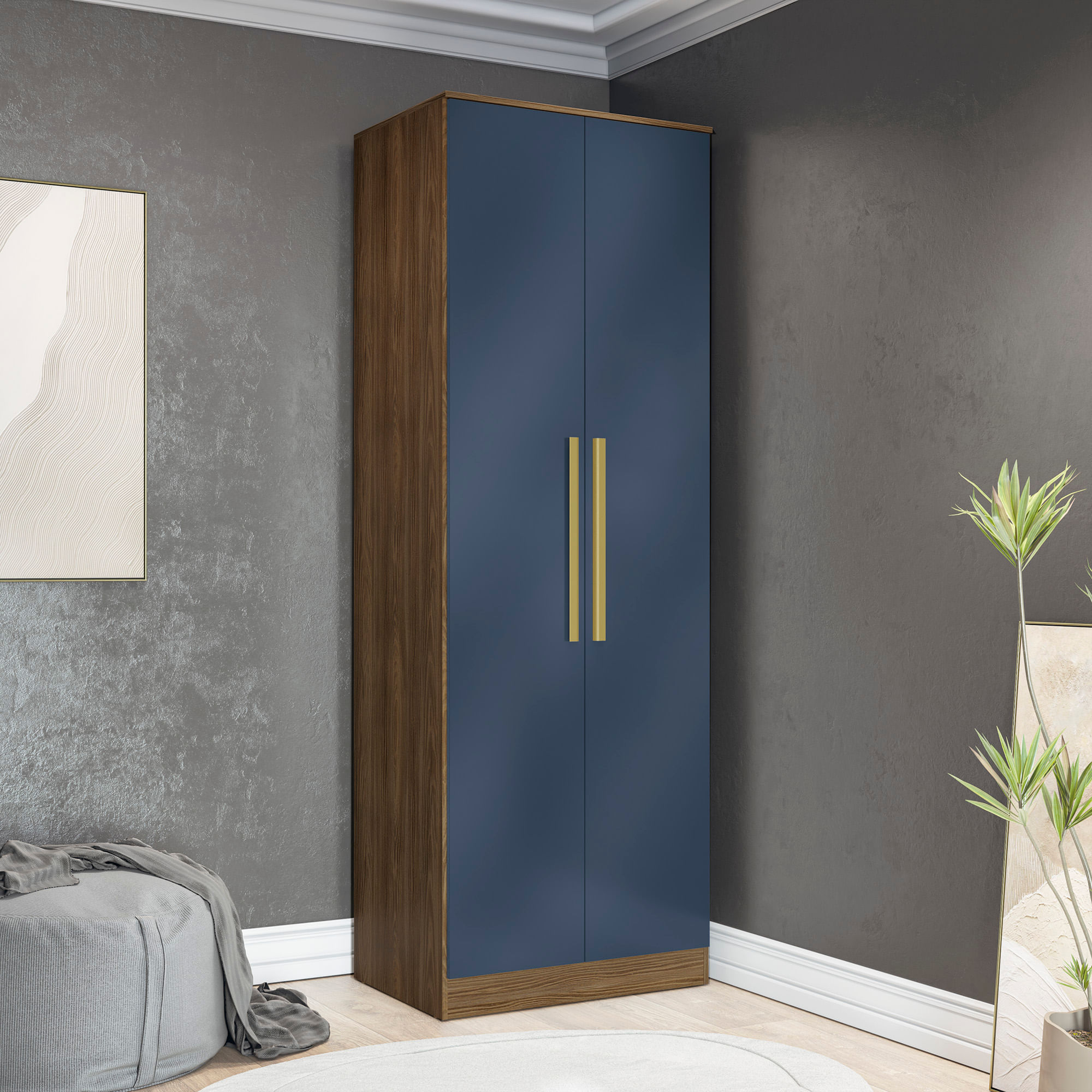Guarda-Roupa 2 Portas 2 Cabideiros Kappesberg Adapt Nogueira/Azul