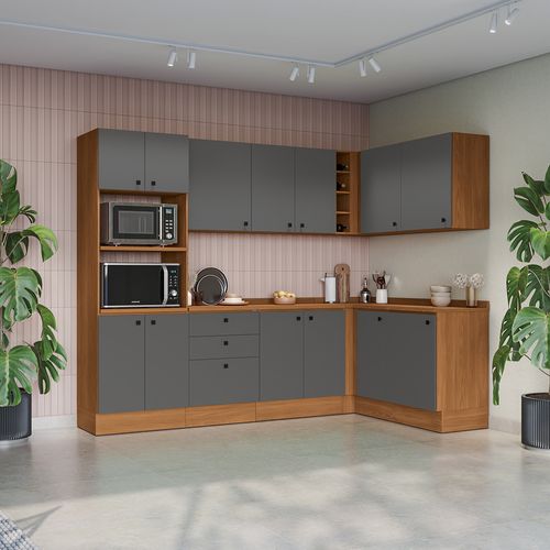 Cozinha Modulada Pixel Kappesberg 100% MDP Canela/Cinza Sagrado 427cm