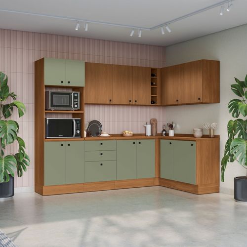 Cozinha Modulada Pixel Kappesberg 100% MDP Canela/Verde Frevo/Canela 427cm